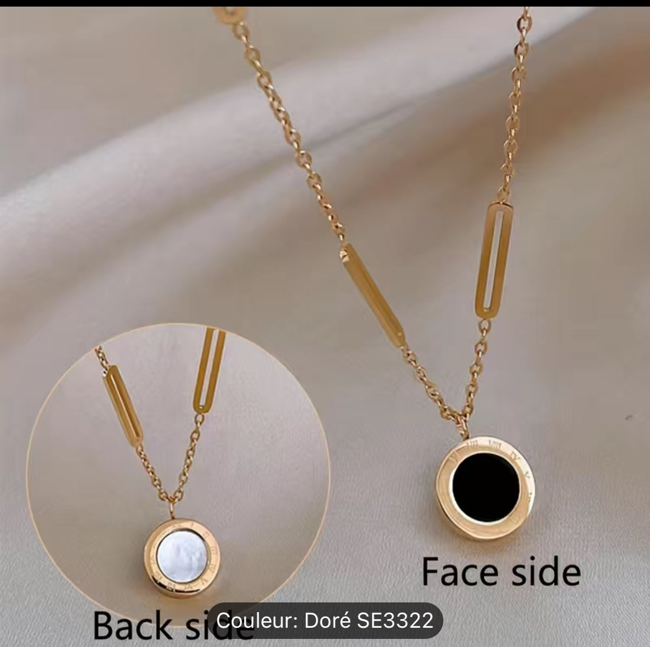 Collier Double Face Plaqué Or 18 Carats En Acier Inoxydable.