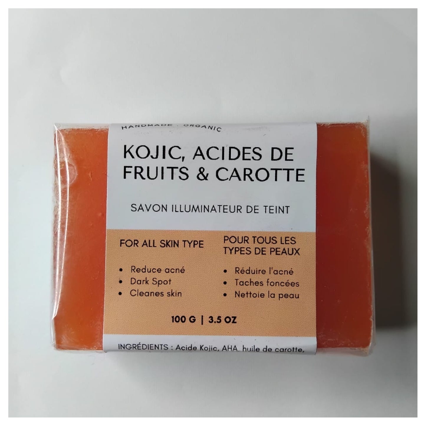 SAVON ÉCLAIRCISSANT KOJIC, ACIDES DE FRUITS Et CAROTTE 100gX2