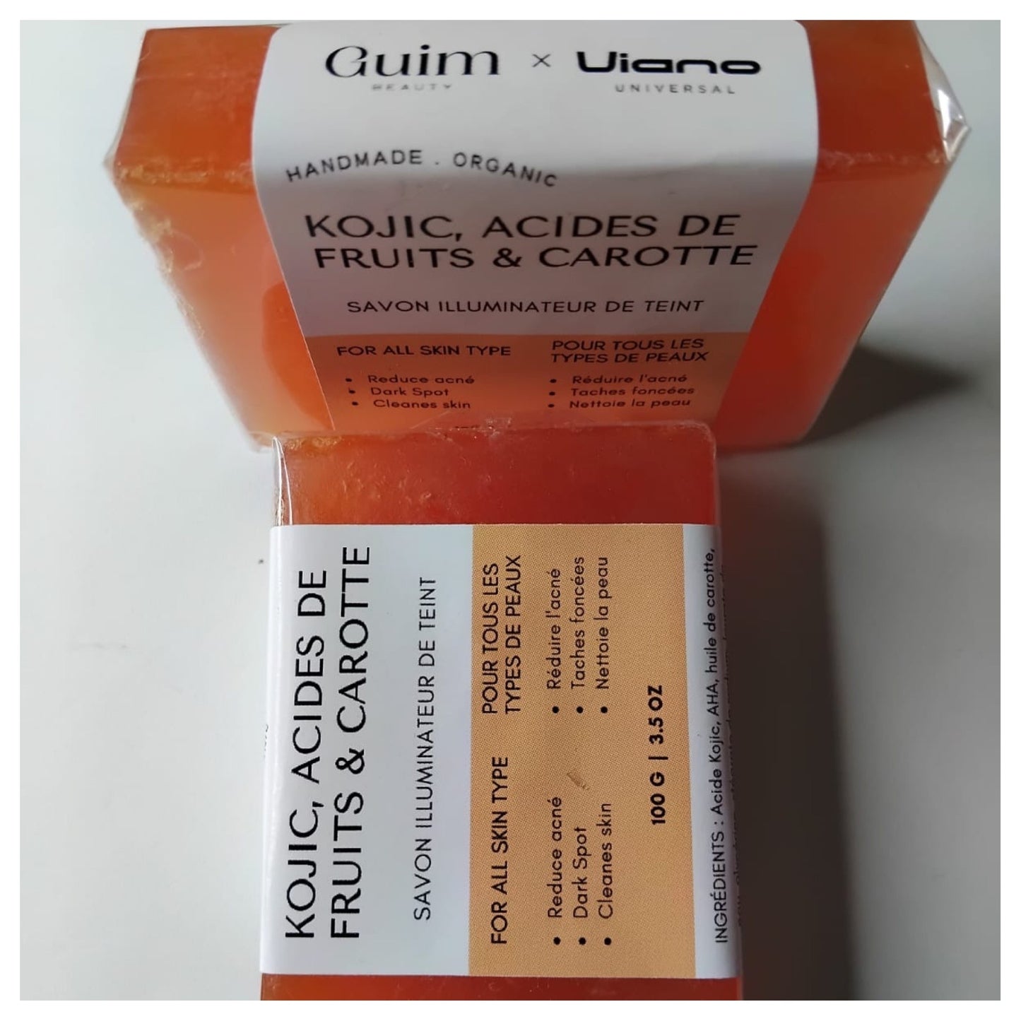 SAVON ÉCLAIRCISSANT KOJIC, ACIDES DE FRUITS Et CAROTTE 100gX2